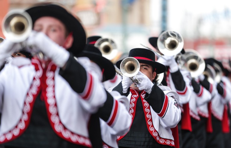 <strong>The Texas Tech band plays down Beale Street during the AutoZone Liberty Bowl Parade Dec. 26, 2024.</strong> (Patrick Lantrip/The Daily Memphian)