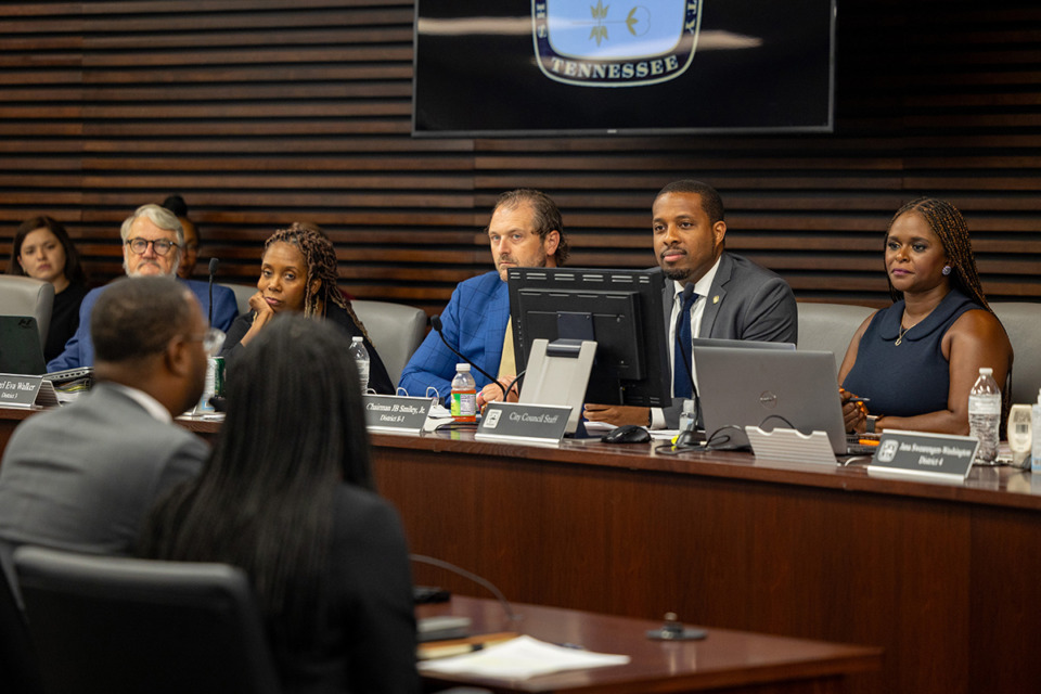 <strong>Chairman JB Smiley Jr. listens as Mayor Paul Young speaks during the Memphis City Council's executive session July 9.</strong> (Benjamin Naylor/The Daily Memphian file)