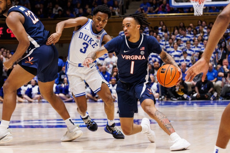 <strong>Virginia's Dante Harris (1) handles the ball as Duke's Jeremy Roach (3) defends during an NCAA college basketball game in Durham, N.C., Saturday, March 2, 2024</strong>. (Ben McKeown/AP file)