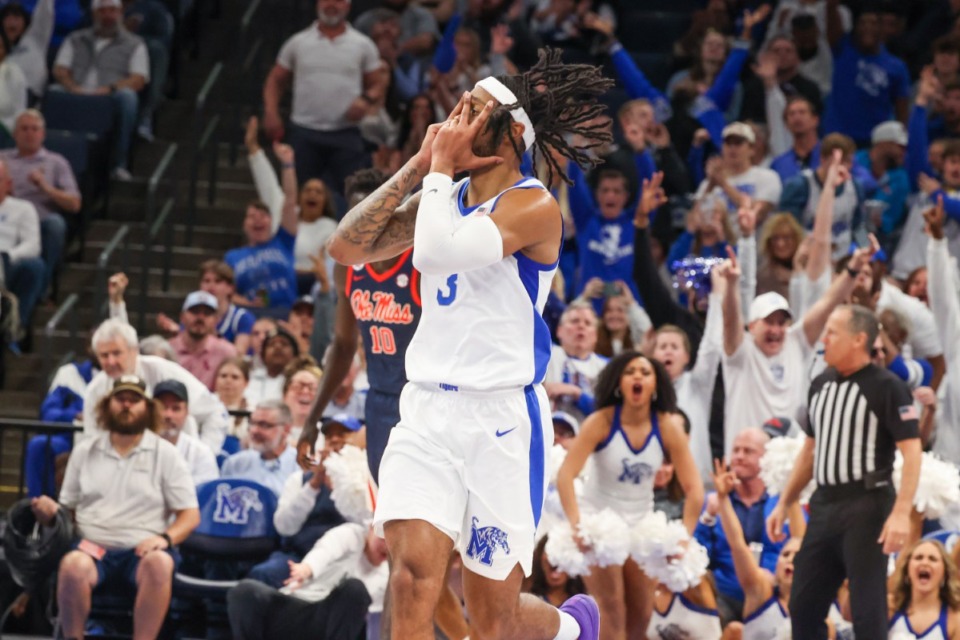 <strong>Memphis Tigers guard Colby Rogers (3) reacts after a three point basket against the Mississippi Rebels during the first half at FedExForum on Saturday, Dec. 28, 2024.</strong> (Wes Hale/Special to The Daily Memphian)