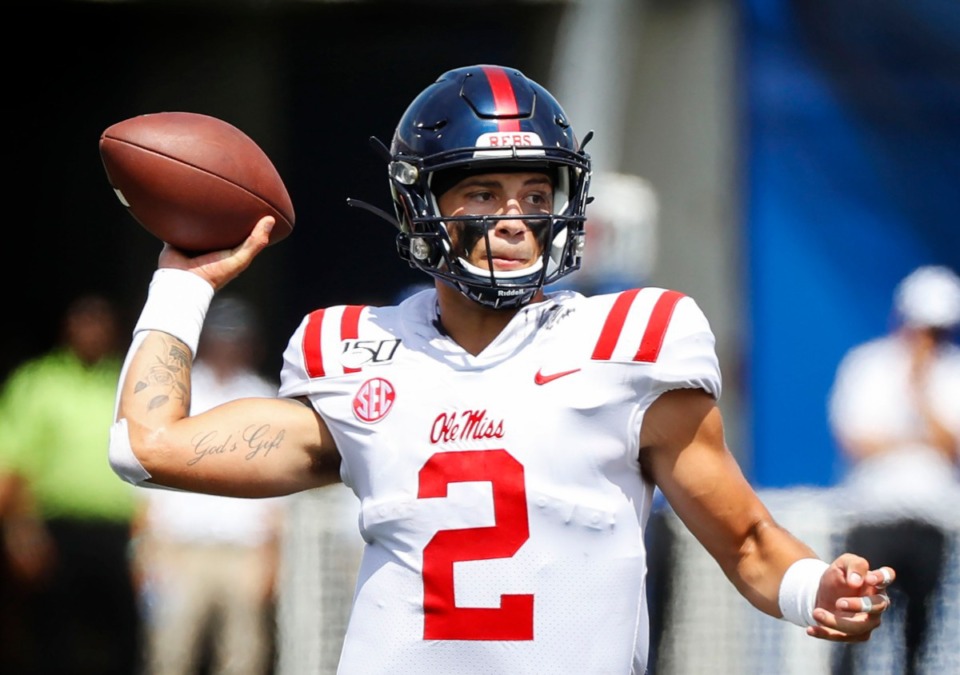 <strong>Ole Miss quarterback Matt Corral during action in their NCAA football game agains the University of Memphis at the Liberty Bowl Memorial Stadium Saturday, August 31, 2019.</strong> (Mark Weber/Daily Memphian)