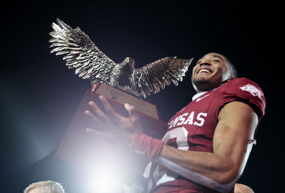 <strong>Taylen Green holds MVP trophy.</strong> (Patrick Lantrip/The Daily Memphian)