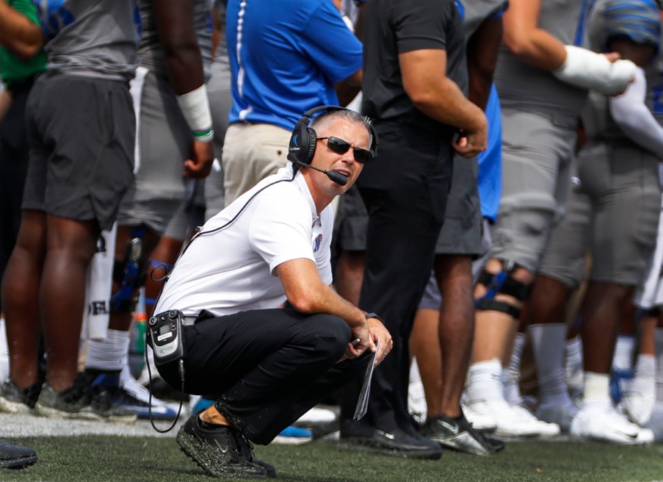 <strong>Memphis head coach Mike Norvell during action against Ole Miss in their NCAA football game at the Liberty Bowl Memorial Stadium Saturday, August 31, 2019.</strong> (Mark Weber/Daily Memphian)