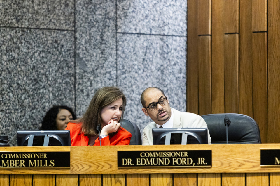 <strong>Shelby County Commissioners Amber Mills, left, and Edmund Ford Jr., right, during the Shelby County Commission meeting on Monday, Aug. 26, 2024.</strong> (Brad Vest/Special to The Daily Memphian file)&nbsp;