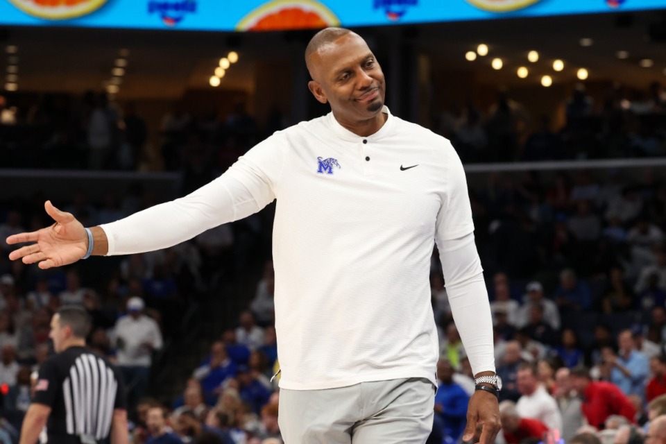 <strong>Memphis Tigers Head Coach Penny Hardaway reacts against the Mississippi Rebels during the first half at FedExForum on Saturday, Dec. 28, 2024.</strong> (Wes Hale/Special to The Daily Memphian)