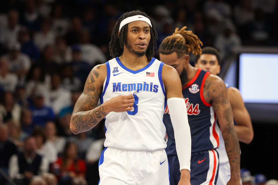 <strong>Memphis Tigers guard Colby Rogers (3) during the first half against the Ole Miss Rebels at FedExForum on Saturday, Dec. 28, 2024.Rogers scored a season-high 28 points in the Tigers&rsquo; win.</strong> (Wes Hale/Special to The Daily Memphian)