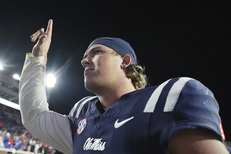 <strong>Ole Miss quarterback Jaxson Dart gestures as he leaves the playing field following an NCAA college football game against Mississippi State, Friday, Nov. 29, 2024, in Oxford.</strong> (Rogelio V. Solis/AP Photo file)