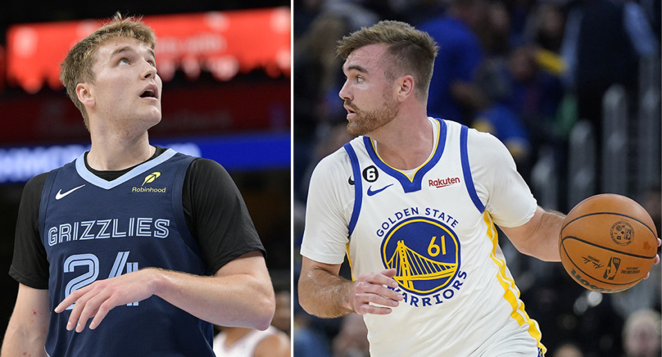 <strong>Saturday, Jan. 4, could be the first game between Memphis Grizzlies&rsquo; Cam Spencer and his brother Pat Spencer, who is currently on a two-way contract with the Golden State Warriors.&nbsp;</strong>(AP Photos/Brandon Dill, Jeff Chiu)