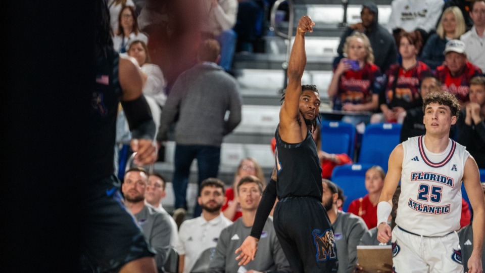 <strong>Memphis Tigers guard Tyrese Hunter celebrates a made shot against FAU in Boca Raton, Florida, on Thursday, Jan. 2, 2025.</strong> (Courtesy University of Memphis Athletics)