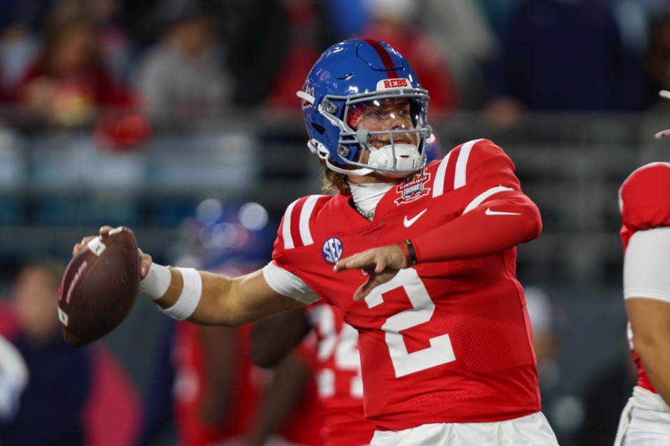 <strong>Mississippi quarterback Jaxson Dart (2) wrapped up his collegiate carrer with 4 touichdown passes and a Gator Bowl win against Duke in Jacksonville, Fla., Thursday, Jan. 2, 2025.</strong> (Gary McCullough/AP)