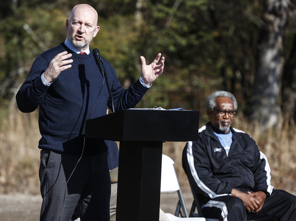 <strong>Hernando Mayor Chip Johnson speaks during a groundbreaking ceremony for Phase 1 of Renasant Park&rsquo;s renovation Jan. 3.</strong> (Mark Weber/The Daily Memphian)