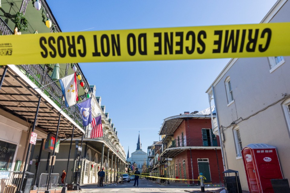 <strong>New Orleans police and federal agents investigate a deadly New Year's Day truck attack on Bourbon Street in New Orleans on Wednesday, Jan. 1, 2025.</strong> (Chris Granger/The New Orleans Advocate via AP)