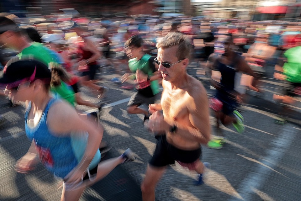 <strong>Runners jockey for position at the start of the 17th annual Chick-fil-A 5K walk/run as an estimated 2,000 participants turned out for a little Labor Day fun and to support Junior Achievement on September 2, 2019.</strong> (Jim Weber/Daily Memphian)