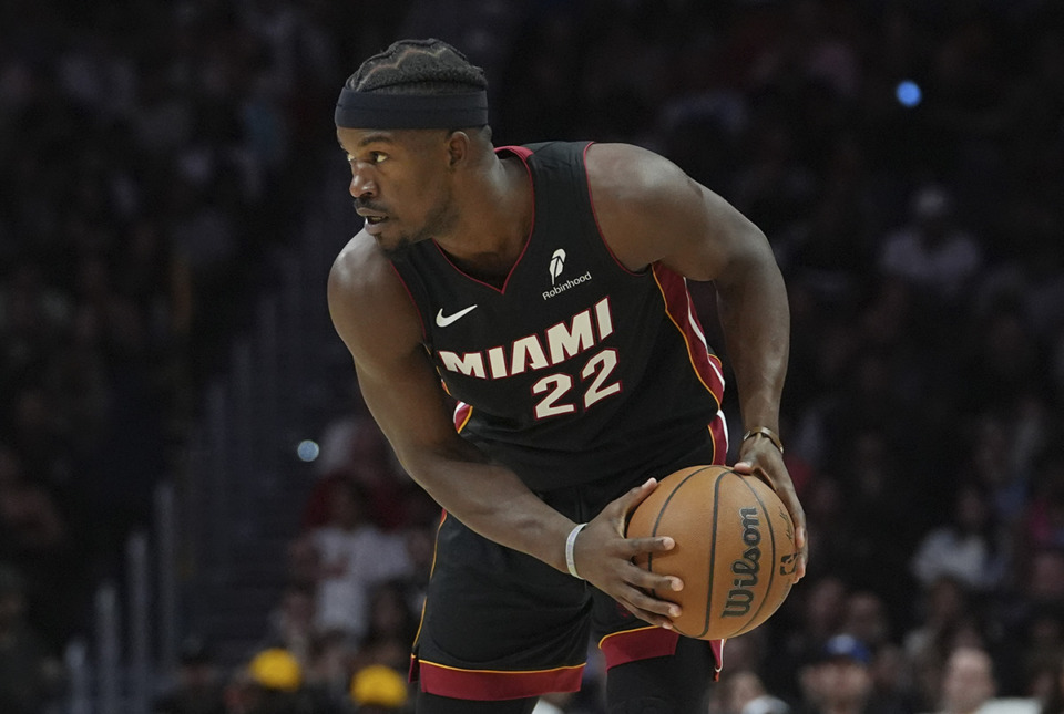 <strong>Miami Heat forward Jimmy Butler (22) moves the ball down the court during the second half of an Oct. 30, 2024, game against the New York Knicks in Miami.</strong> (Lynne Sladky/AP Photo file)