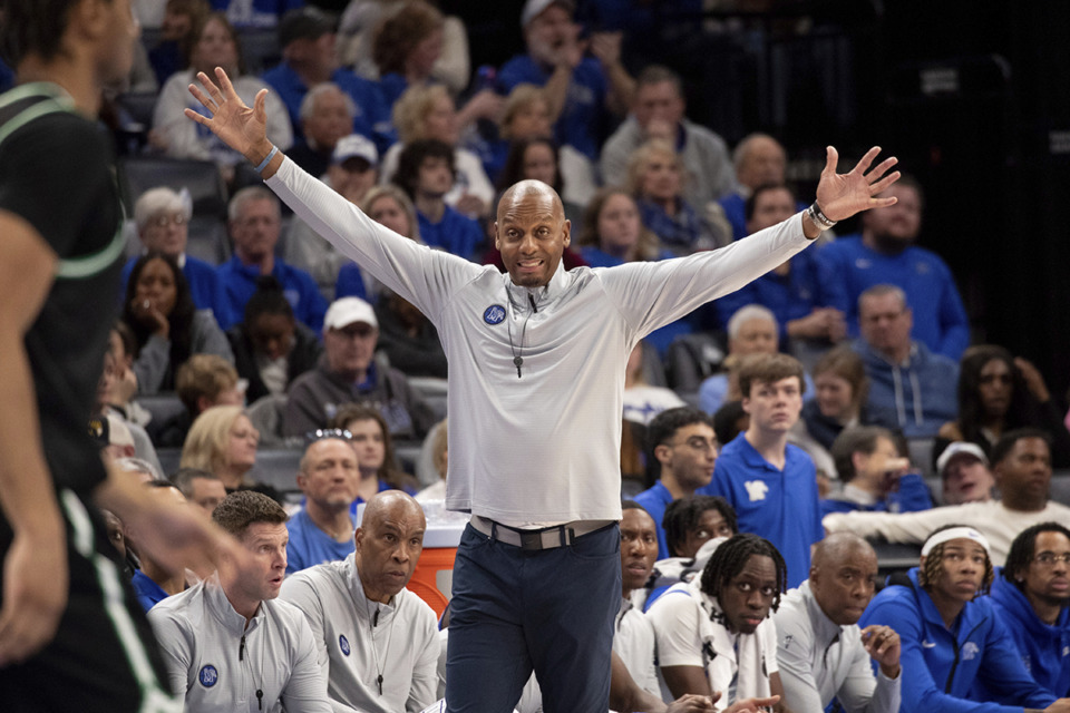 <strong>Memphis head coach Penny Hardaway gestures to his team during the second half of an NCAA college basketball game against North Texas, Sunday, Jan. 5, 2025, in Memphis. &ldquo;Every game isn&rsquo;t gonna be a blowout,&rdquo; Hardaway said after the game. &ldquo;(But), we just have to keep grinding and getting into practice and keep getting better and learning from these situations.&rdquo;</strong> (Nikki Boertman/AP Photo)