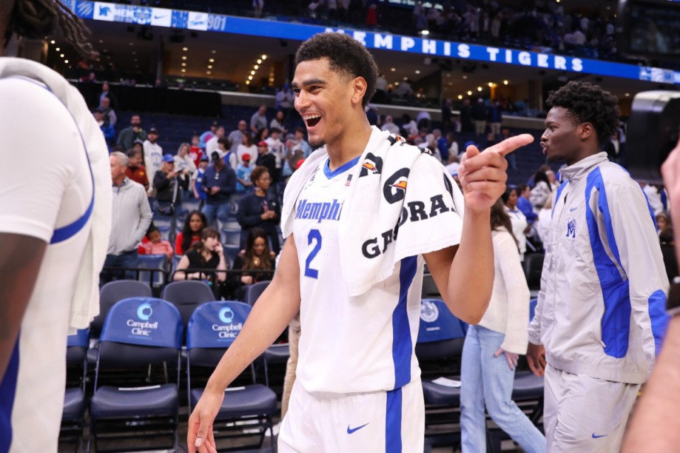 <strong>Memphis Tigers forward Nicholas Jourdain (2) celebrates after a Dec. 28, 2024, win over Ole Miss.</strong> (Wes Hale/Special to The Daily Memphian)