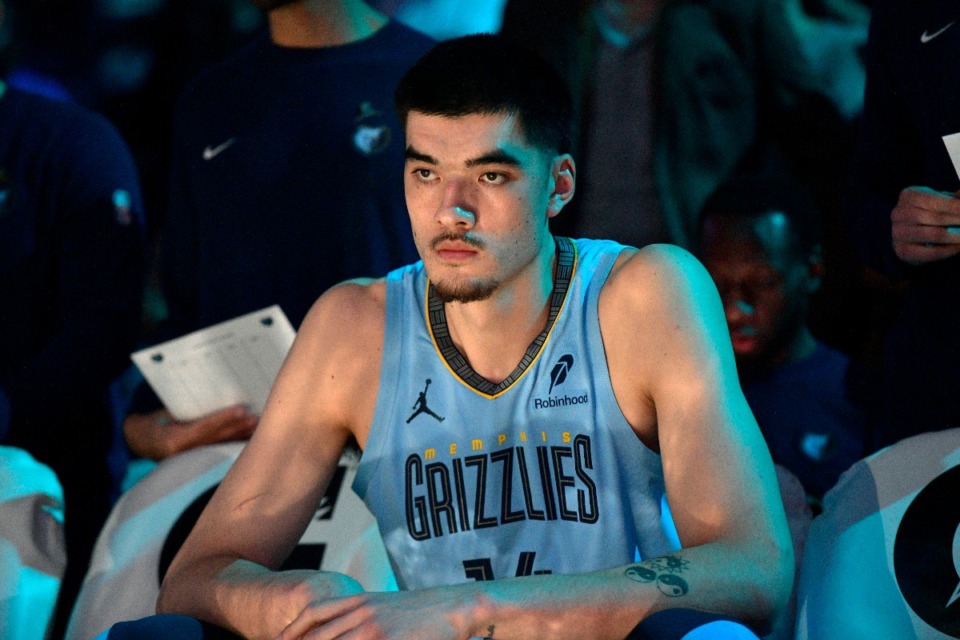 <strong>Memphis Grizzlies center Zach Edey waits to be introduced before an NBA basketball game against the Chicago Bulls Monday, Oct. 28, 2024, in Memphis.</strong> (Brandon Dill/AP File)