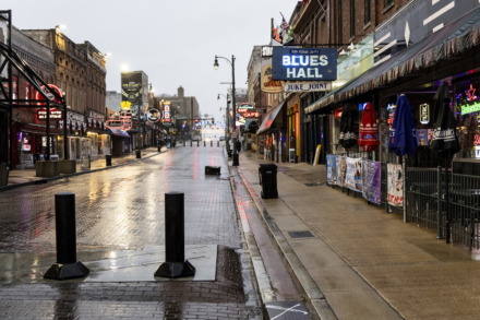 <strong>Bollards block off an entrance to Beale Street while leaving plenty of space for a vehicle to drive down the sidewalk.</strong> (Brad Vest/Special to The Daily Memphian)