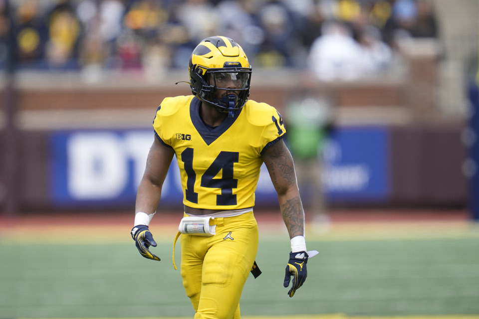 <strong>Defensive back Kody Jones (14) plays during Michigan&rsquo;s 2024 spring game in Ann Arbor, Mich..</strong> (Paul Sancya/AP Photo file)