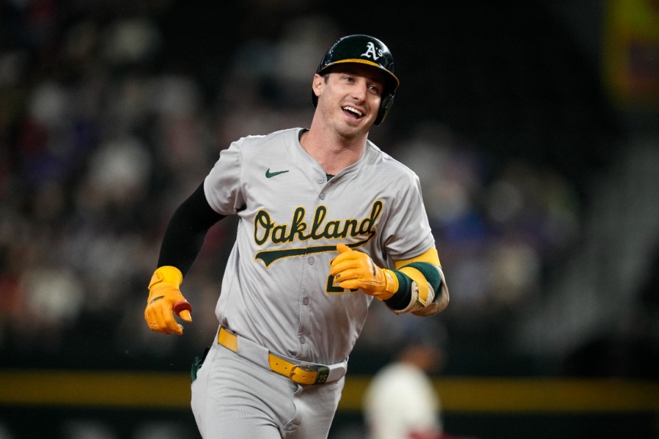 <strong>Oakland Athletics designated hitter Brent Rooker rounds the bases after hitting a home run during a baseball game against the Texas Rangers, Aug. 30, 2024, in Arlington, Texas.</strong> (AP Photo/Tony Gutierrez, File)