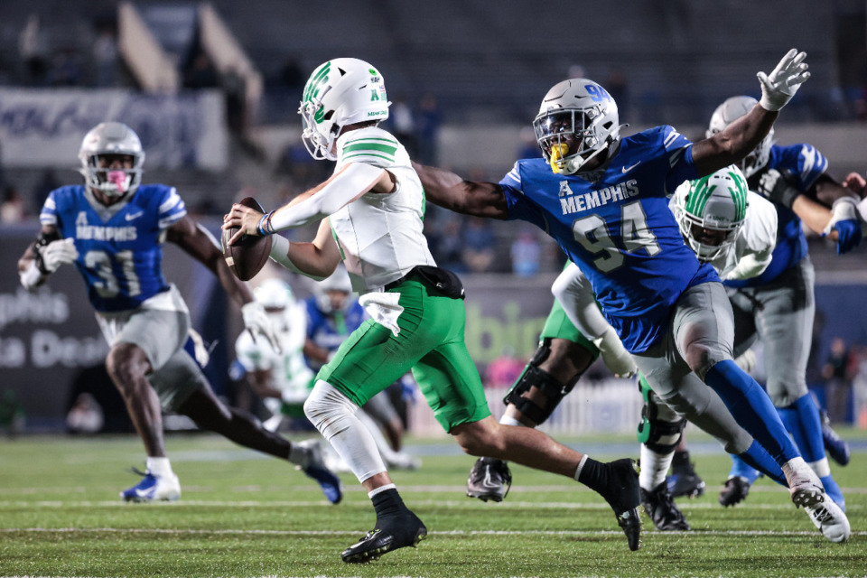 <strong>Memphis lineman William Whitlow Jr. (94) tries to bring down the opposing quarterback during a game against North Texas Oct. 19, 2024.</strong> (Patrick Lantrip/The Daily Memphian file)