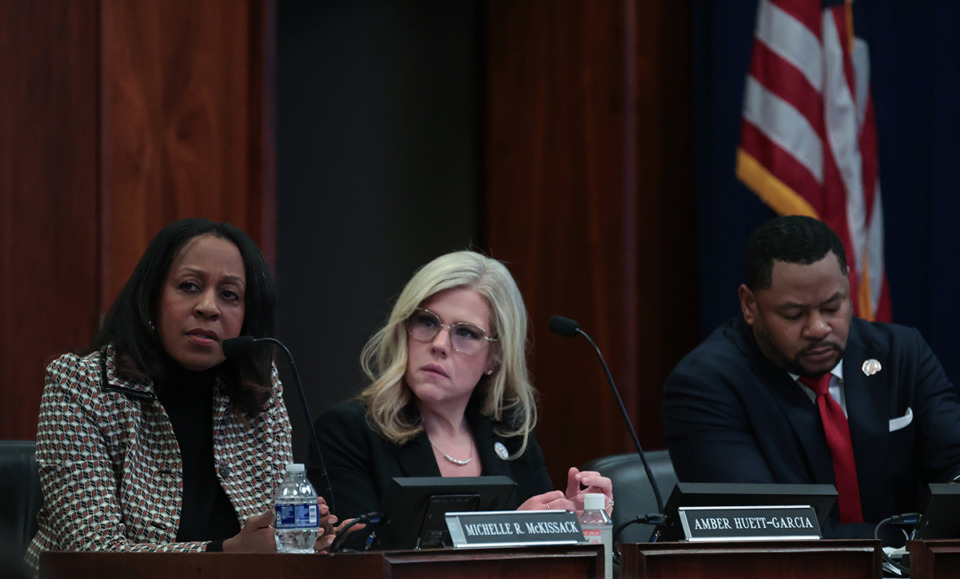 <strong>From left to right: Michelle McKissack, Amber Huett-Garcia and Tamarques Porter attend a Memphis-Shelby County Schools board meeting Dec. 17, 2024.&nbsp;</strong>(Patrick Lantrip/The Daily Memphian)