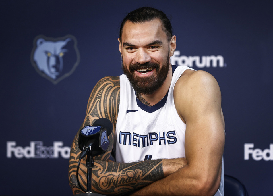 <strong>Then-Memphis Grizzlies center Steven Adams speaks to media Oct. 2, 2023.</strong> (Mark Weber/The Daily Memphian file)