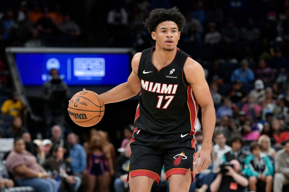 <strong>Miami Heat guard Zyon Pullin (17) handles the ball in the second half of an NBA preseason basketball game against the Memphis Grizzlies Friday, Oct. 18, 2024, in Memphis, Tenn.</strong> (AP File Photo/Brandon Dill)