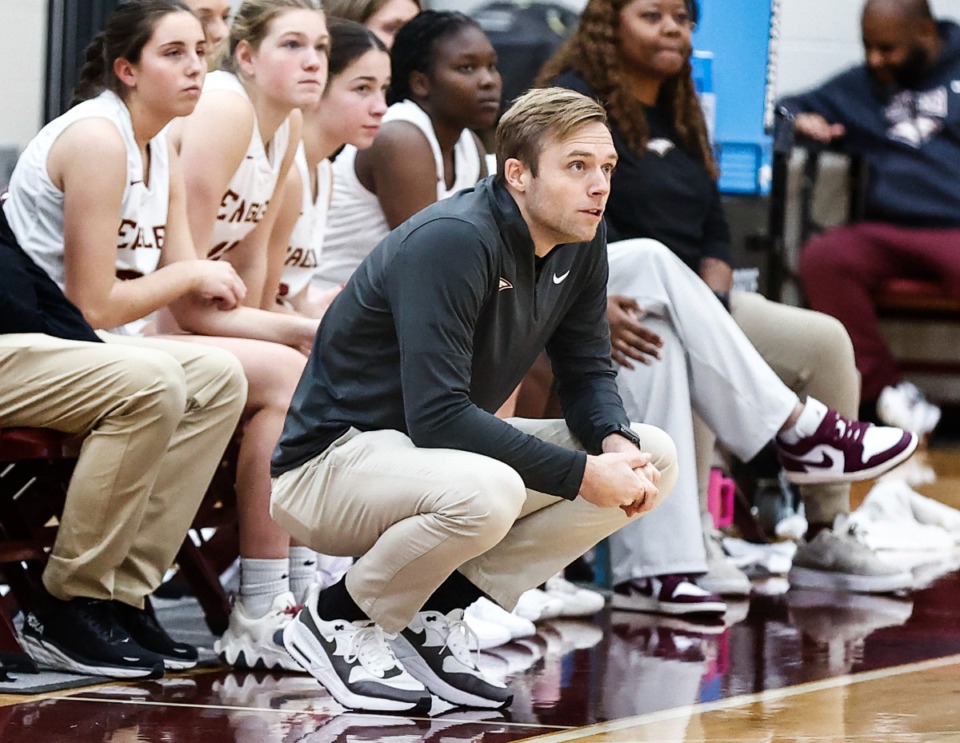 <strong>Evangelical Christian School head coach Steven Kaspar watches from the sideline during action against Power Center Academy on Tuesday, Jan. 7, 2025.</strong> (Mark Weber/The Daily Memphian)