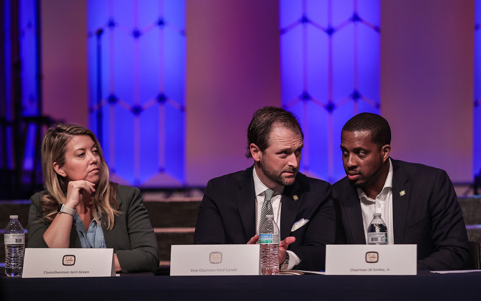 <strong>From left: Memphis City Council members Jerri Green, Ford Canale and JB Smiley Jr. talk during a meeting at Hope Church on May 2, 2024.</strong> (Patrick Lantrip/The Daily Memphian file)