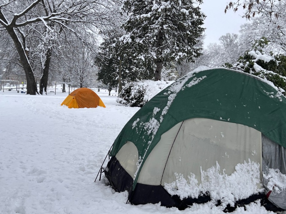 <strong>While Friday&rsquo;s snowfall was a day of fun for most Memphians, for others, the cold was a serious threat. In Health Sciences Park Downtown, two camping tents had been set up, both zipped up tight against the chill.</strong> (Jody Callahan/The Daily Memphian)