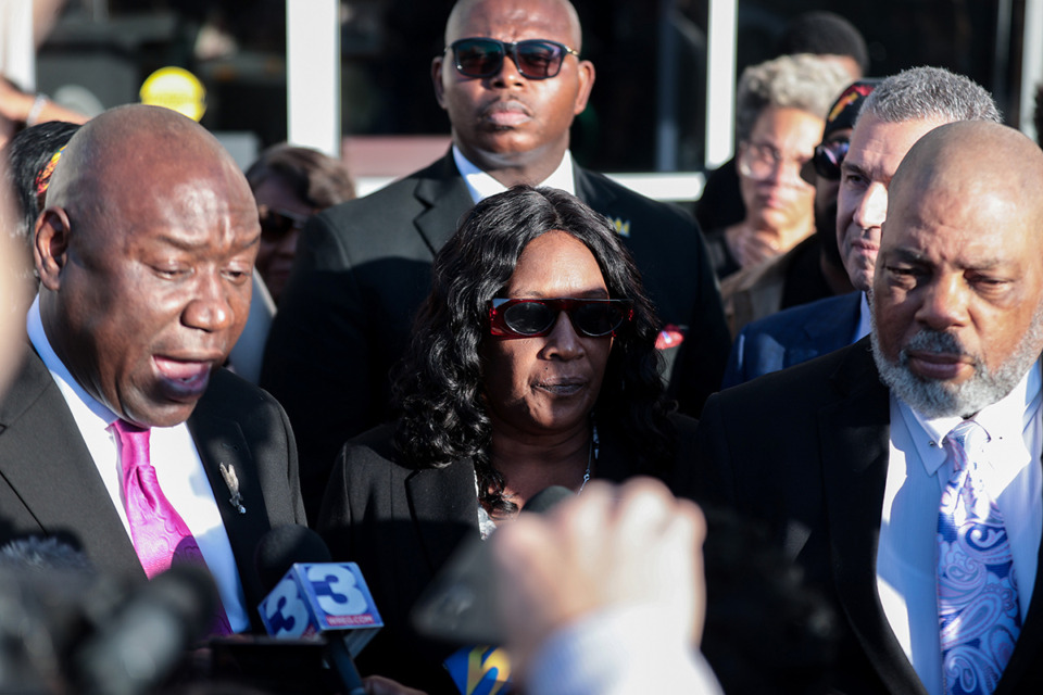 <strong>RowVaughn Wells, middle, Tyre Nichols&rsquo; mother, addresses the media Oct. 3, 2024, after the jury found three former Memphis Police Department officers guilty on some of the federal charges they faced for their roles in the death of her son.</strong> (Patrick Lantrip/The Daily Memphian file)