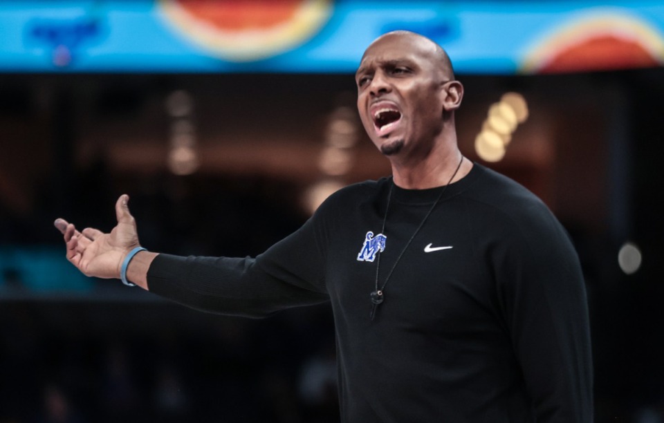 <strong>University of Memphis head coach Penny Hardaway coaches from the sidelines of a Jan. 11, 2025 game against East Carolina University.</strong> (Patrick Lantrip/The Daily Memphian)