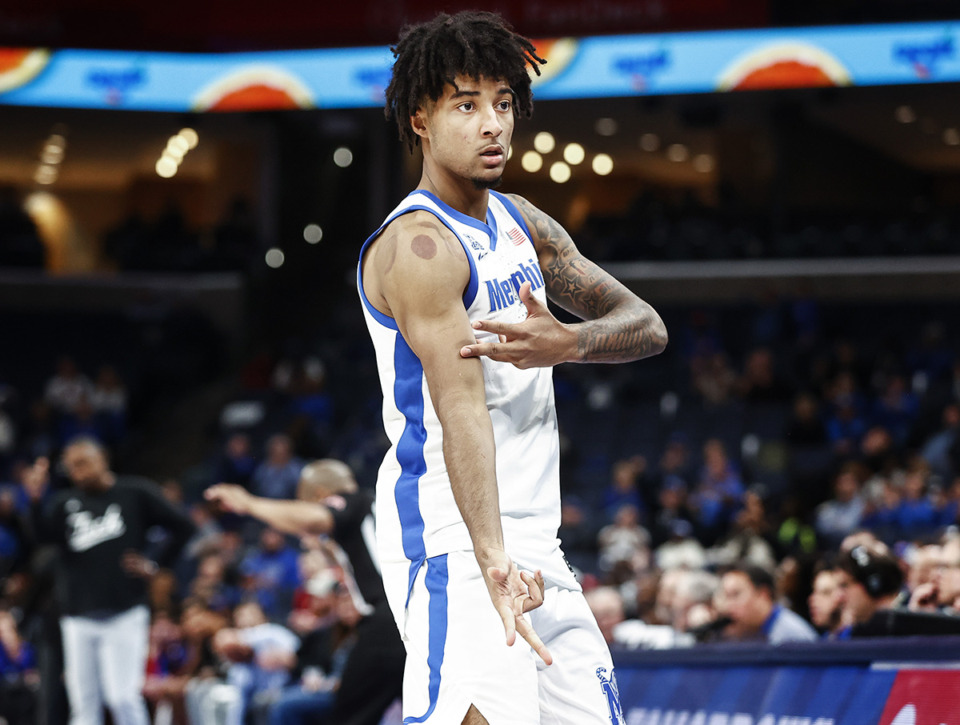 <strong>University of Memphis guard PJ Haggerty celebrates a made basket against Louisiana Tech during action on Wednesday, Dec. 4, 2024. Haggerty became a brand ambassador for myNILapp.</strong> (Mark Weber/The Daily Memphian file)&nbsp;