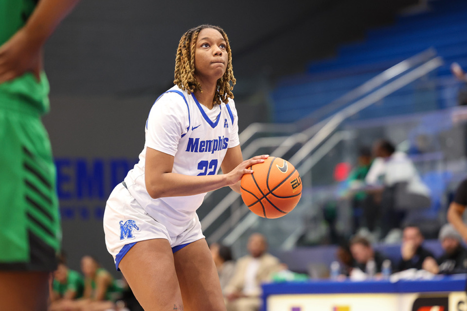 <strong>Memphis Tigers forward Layken Cox (22) shoots the ball against North Texas during the second half at the Elma Roane Fieldhouse in Memphis on Saturday, Jan. 4, 2025.</strong> (Wes Hale/Special to The Daily Memphian)