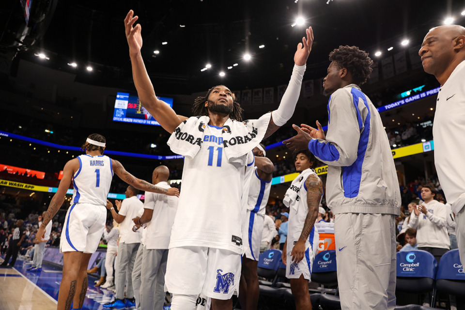 <strong>Memphis Tigers guard Tyrese Hunter (11) celebrates during the second half against the Ole Miss Rebels at FedExForum on Saturday, Dec. 28, 2024.</strong> (Wes Hale/Special to The Daily Memphian file)&nbsp;