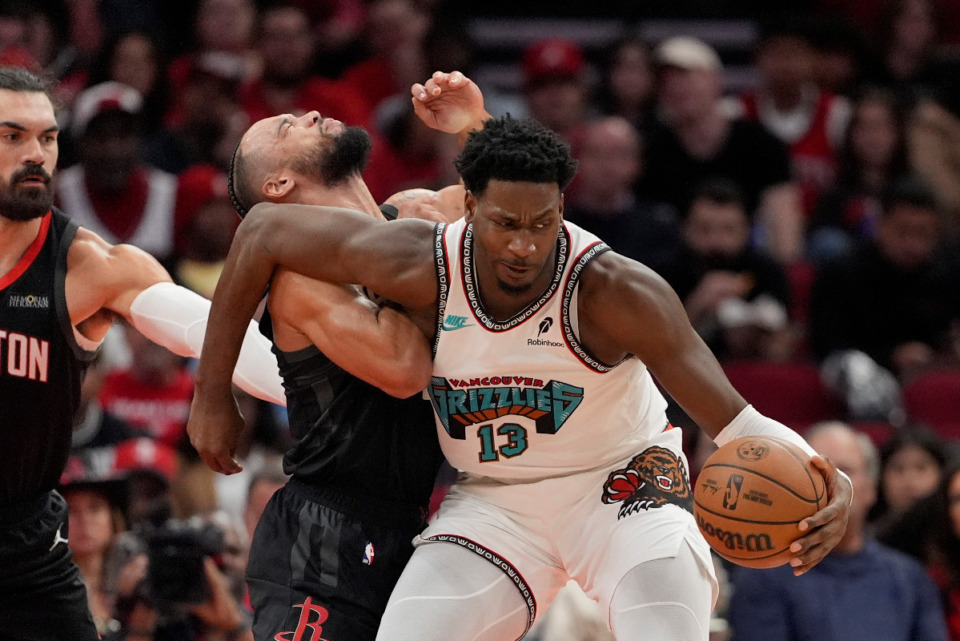 <strong>Memphis Grizzlies forward Jaren Jackson Jr. (13) runs into Houston&rsquo;s Dillon Brooks on Monday, Jan. 13, 2025, in Houston.</strong> (David J. Phillip/AP)