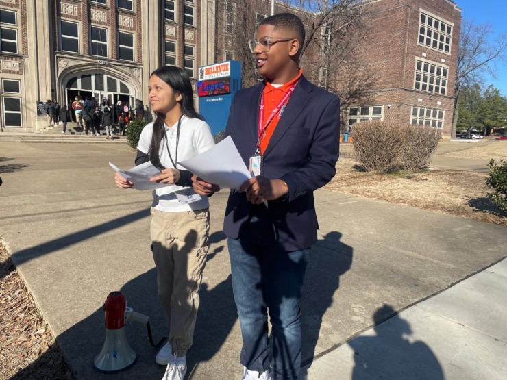 <strong>Student organizers America Rodriguez and Chayse Hawkins spoke with media about their petition for board members to keep MSCS Superintendent Marie Feagins after a school walkout on Jan. 14, 2025.</strong> (Laura Testino/The Daily Memphian)