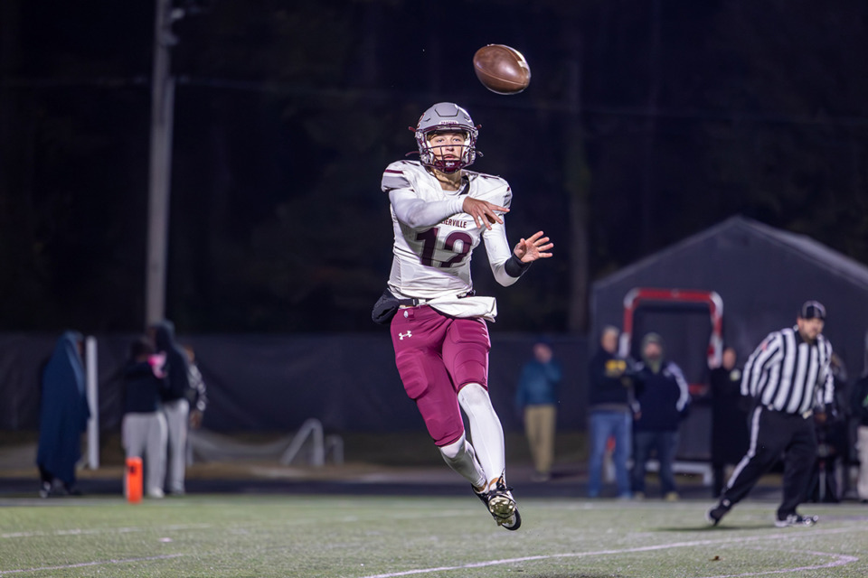 <strong>Collierville Dragons quarterback Grant Troutman (12) throws the ball against the Houston Mustangs during the first half at Houston High on Friday, Nov. 22, 2024.</strong> (Wes Hale/Special to the Daily Memphian)