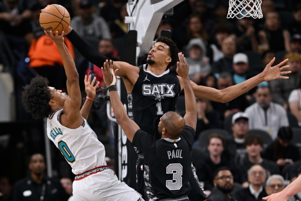 <strong>Memphis Grizzlies forward Jaylen Wells (0) tangles with San Antonio&rsquo;s Victor Wembanyama (1) and Chris Paul (3) on Wednesday, Jan. 15, 2025, in San Antonio.</strong> (Darren Abate/AP)