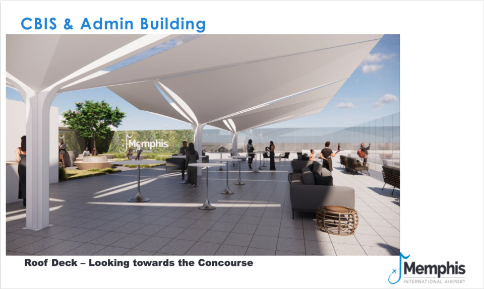 <strong>A rendering of the roof deck of the new administration building and new checked baggage inspection system, known as CBIS.</strong> (Courtesy Memphis-Shelby County Airport Authority)