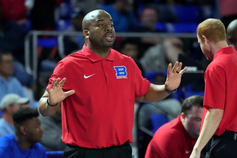 <strong>Bartlett head coach Dion Real directs his players during the second half of a Class 4A basketball game against Cookeville Friday, March 15, 2024, in Murfreesboro, Tenn.</strong> (Mark Humphrey/Special to The Daily Memphian file)