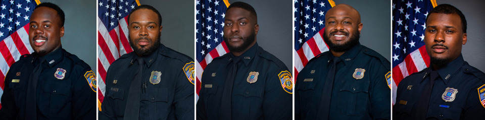 <strong>Former Memphis police officers (from left) Tadarrius Bean, Demetrius Haley, Emmitt Martin III, Desmond Mills Jr. and Justin Smith are scheduled to be sentenced the week of June 16.</strong> (Courtesy MPD)