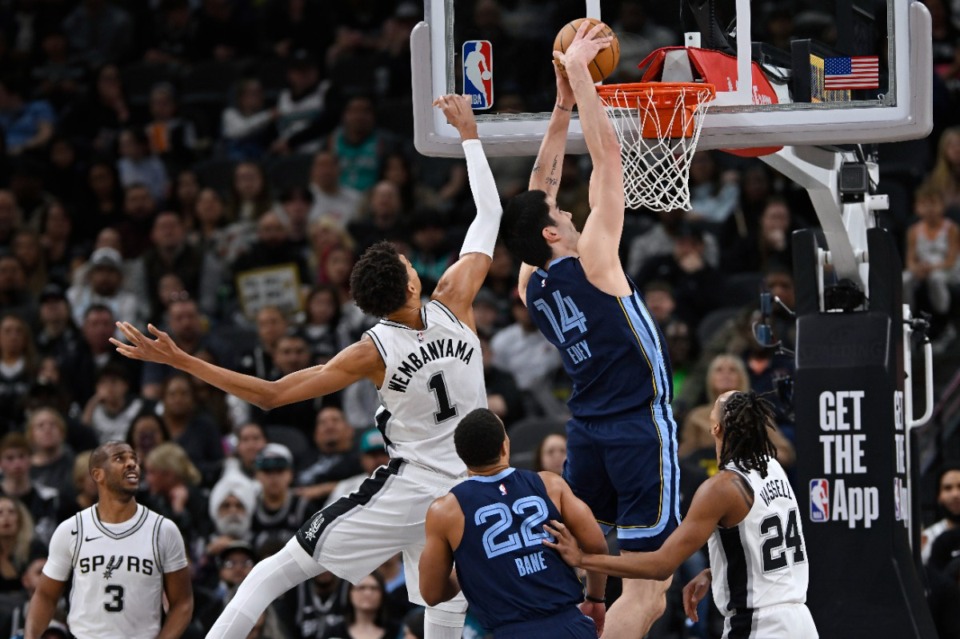 <strong>Memphis Grizzlies' Zach Edey (14) dunks against San Antonio Spurs' Victor Wembanyama (1) on Friday, Jan. 17, 2025, in San Antonio.</strong> (Darren Abate/AP)