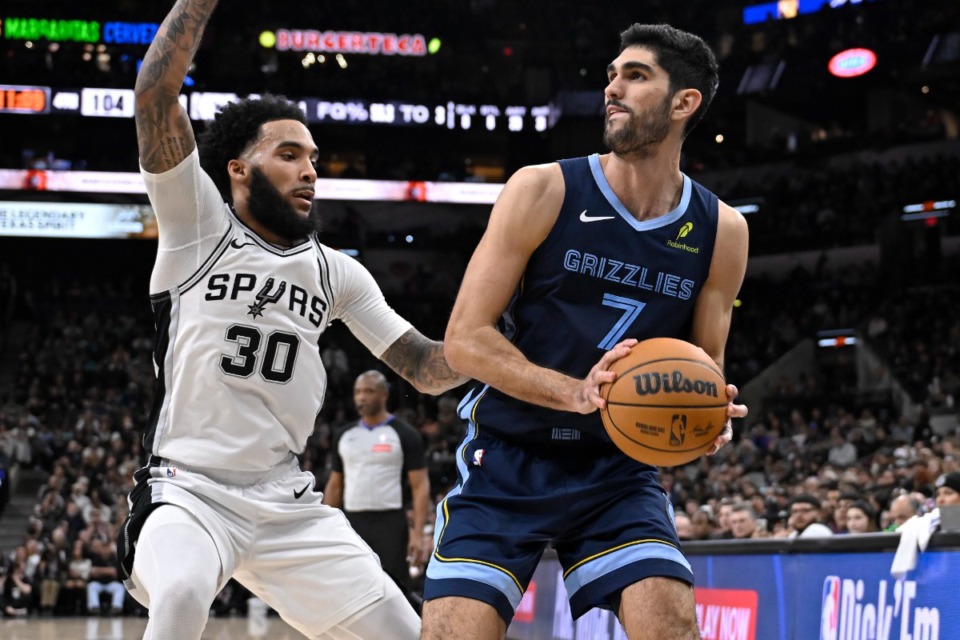 <strong>Memphis forward Santi Aldama (7) drives against San Antonio&rsquo;s Julian Champagnie (30) on Friday, Jan. 17, 2025, in San Antonio. Aldama&rsquo;s 29 points led the Grizzlies in the win.</strong> (Darren Abate/AP)