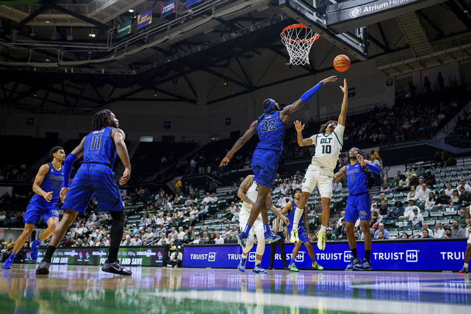 <strong>Charlotte guard Nik Graves (10) tries to shoot on Memphis center Moussa Cisse (32) during the first half of an NCAA college basketball game on Sunday, Jan. 19, 2025, in Charlotte, N.C.</strong> (Scott Kinser/AP Photo)