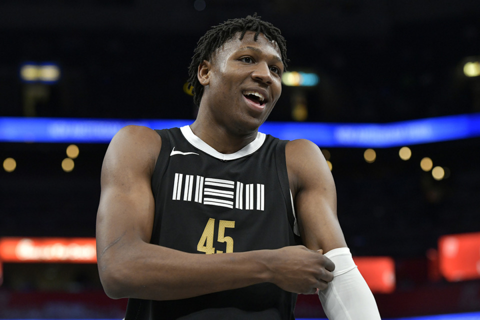 <strong>Memphis Grizzlies forward GG Jackson II (45) reacts in the first half of a Feb. 23, 2024, game against the Los Angeles Clippers at FedExForum.</strong> (Brandon Dill/AP File)