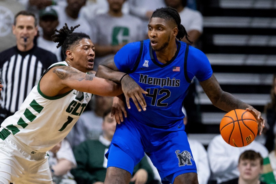 <strong>Memphis forward Dain Dainja (42) backs down Charlotte forward Giancarlo Rosado (1) on Sunday. </strong>(Scott Kinser/AP File)