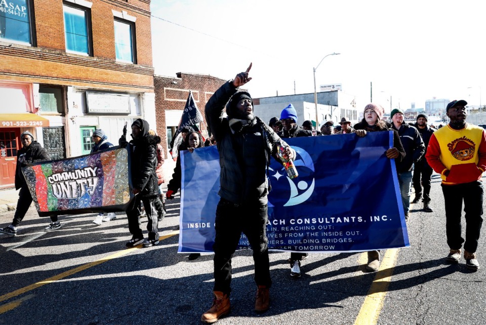 <strong>Community organizer Keedran Franklin (middle) leads a Community Unity March on Monday, Jan. 20, 2025.</strong> (Mark Weber/The Daily Memphian)