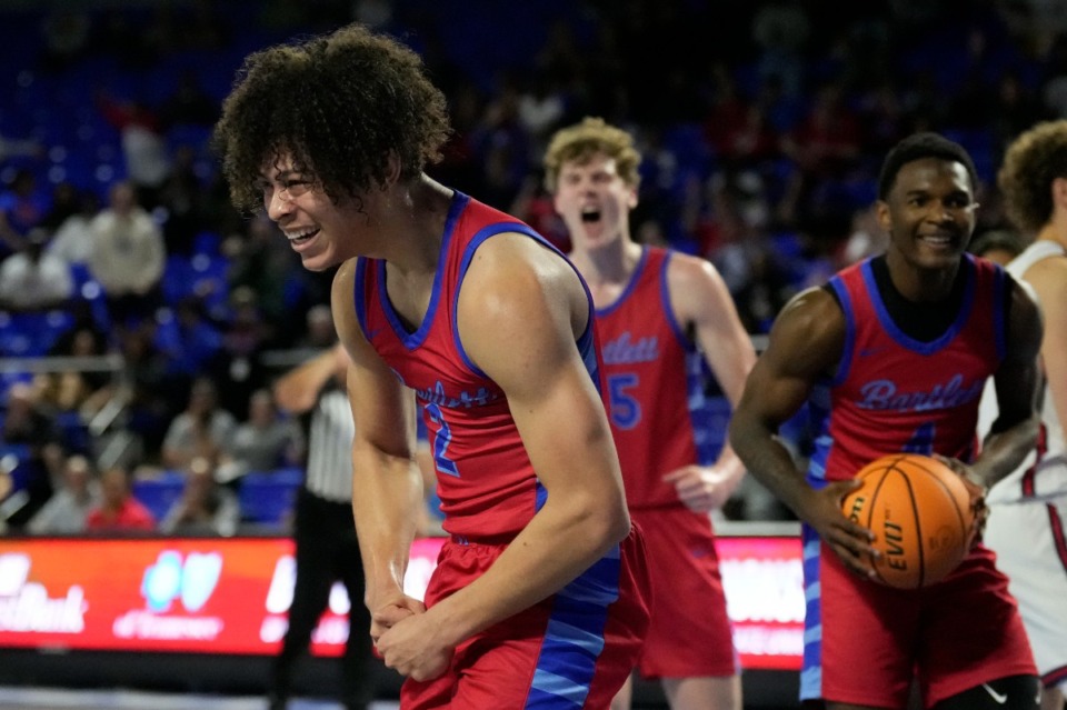 <strong>Bartlett guard Kylan Neville (2) celebrates after a score against Cookeville during the first half of a Class 4A basketball game Friday, March 15, 2024, in Murfreesboro.</strong> (Mark Humphrey/Special to The Daily Memphian file)